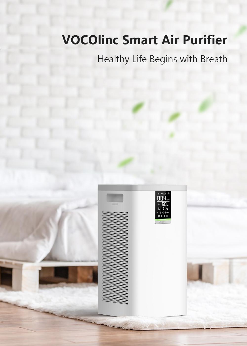 VOCOlinc Smart Air Purifier.Pre-filter, advanced HEPA filter, and hive pattern activated carbon filter can effectively block the spread of pet hair, dust, smoke, PM2.5, odor, formaldehyde, bacteria, fungi, and other substances, and give you more pure air.