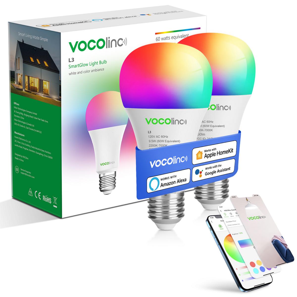 VOCOlinc Smart Light Bulbs,Alexa Light Bulb,A21 2.4GHz Wifi LED Smart Bulb Work with Apple Homekit,Google Home.RGBCW Color Changing Bulbs Brightness Dimmable,E26 850LM 60W Equivalent,No Hub Required.