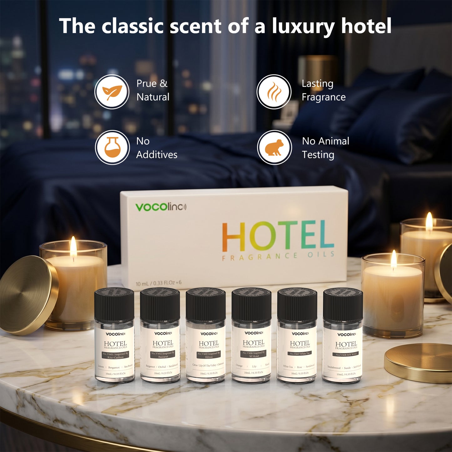 VOCOlinc Hotel Collection Diffuser Essential Oil Set - 6 Pack - 10 ml | Waterless Organic Essential Oil for Diffuser, Aromatherapy, Air Purifier - Inspired by Ritz-Carlton, Hilton, My Way and More