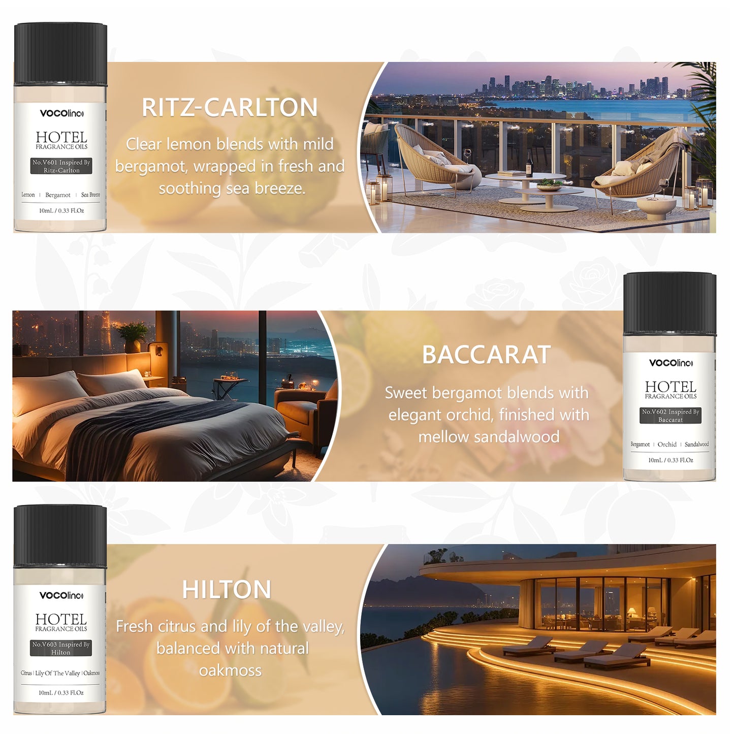 VOCOlinc Hotel Collection Diffuser Essential Oil Set - 6 Pack - 10 ml | Waterless Organic Essential Oil for Diffuser, Aromatherapy, Air Purifier - Inspired by Ritz-Carlton, Hilton, My Way and More