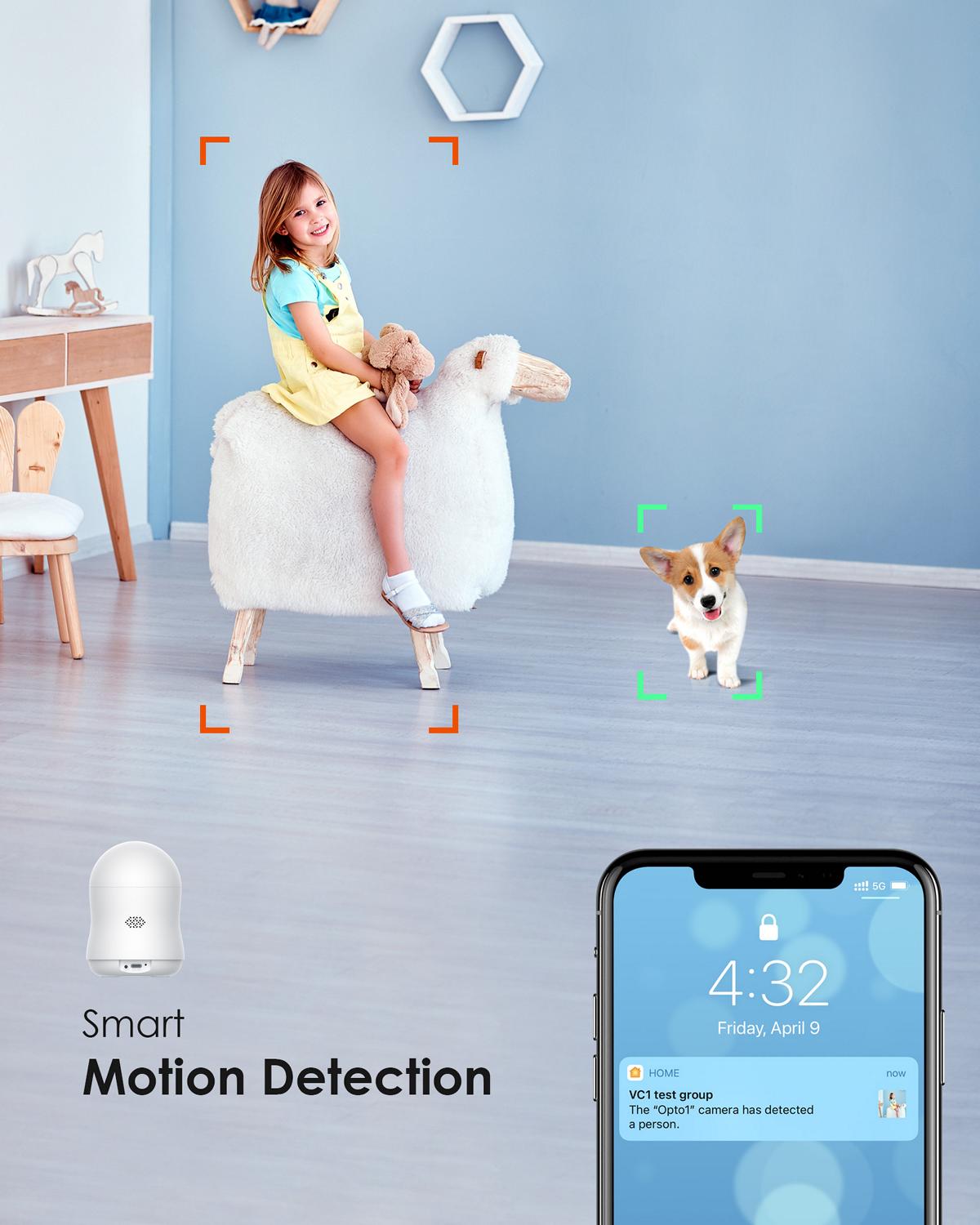 The motion sensor, combined with the HomeKit algorithm is able to distinguish between people, animals, and vehicles. Set automation based on motion. With an instant push notification to your iPhone, whether it's your kids, your pet, or delivery 