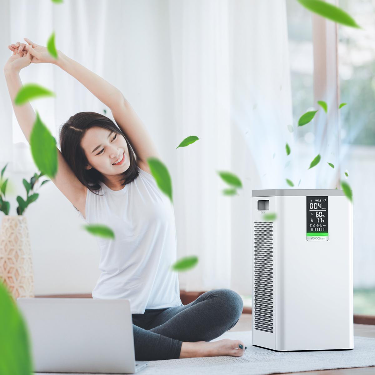 VOCOlinc Smart Air Purifier.Pre-filter, advanced HEPA filter, and hive pattern activated carbon filter can effectively block the spread of pet hair, dust, smoke, PM2.5, odor, formaldehyde, bacteria, fungi, and other substances, and give you more pure air.