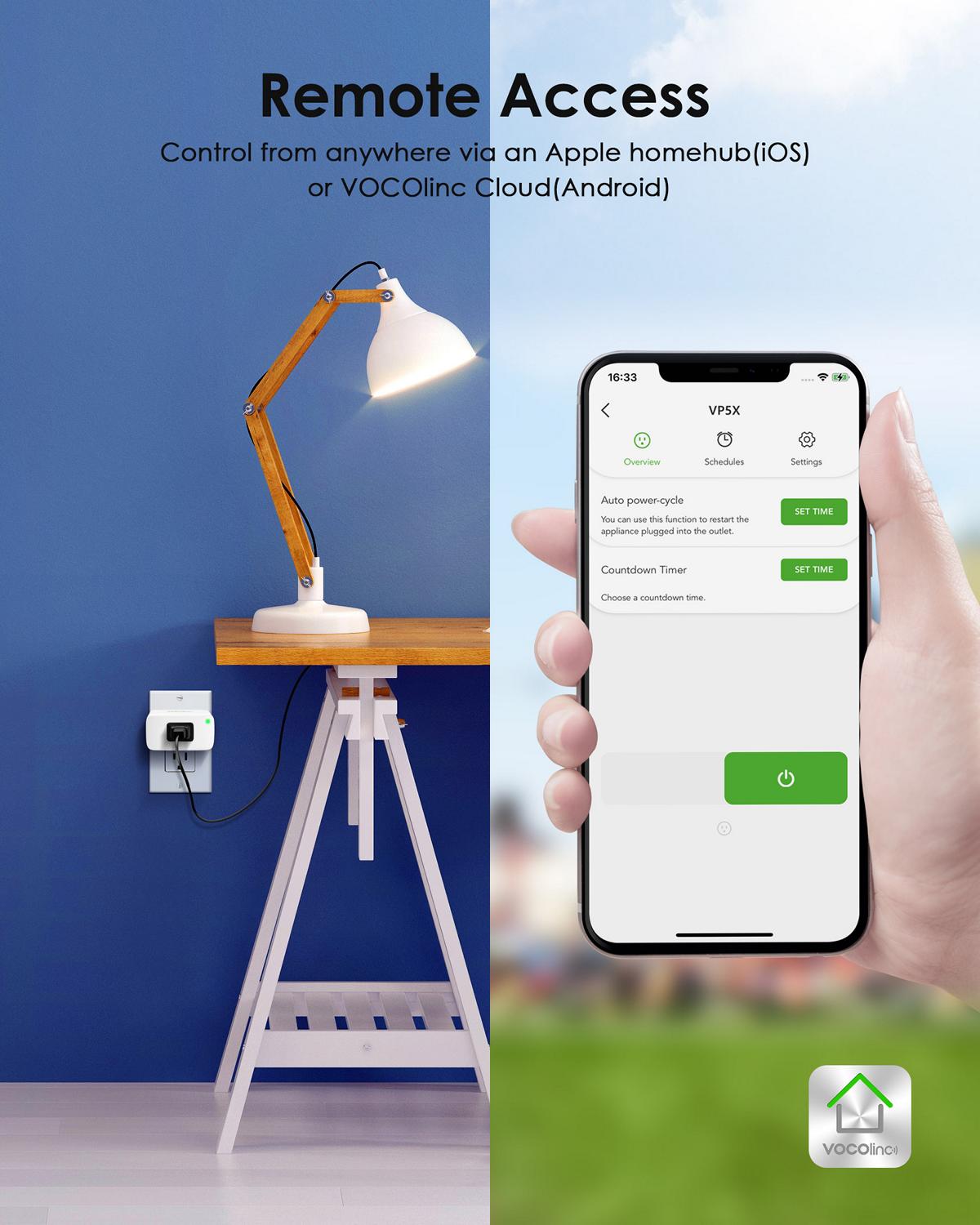 VOCOlinc Smart Plug, Mini WiFi Outlet Socket Works with HomeKit Alexa Google Home Nest Hub, Voice Control, Remote Access, Timer, No Hub Required, 15A