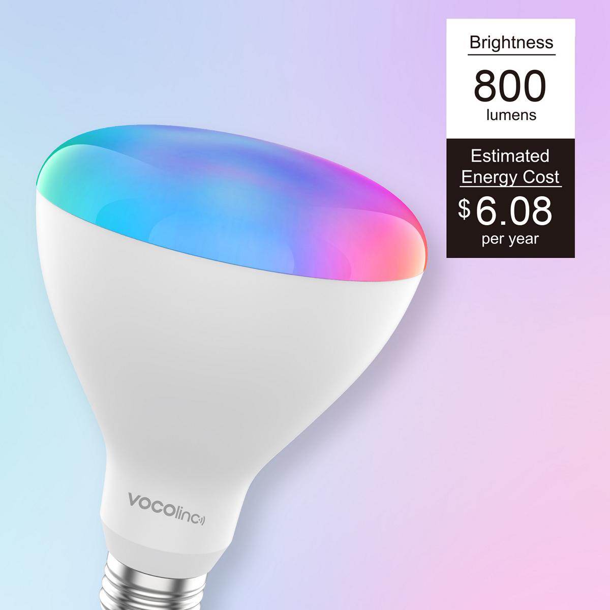 VOCOlinc Smart Light Bulbs,BR30 RGBW Full Color Changing Light Bulb,Compatible with Alexa,Google Home,Homekit,2200K-7000K Dimmable,E26 800LM 9.5W (60W Equivalent) No Hub Required,2.4GHz Only(1PACK)